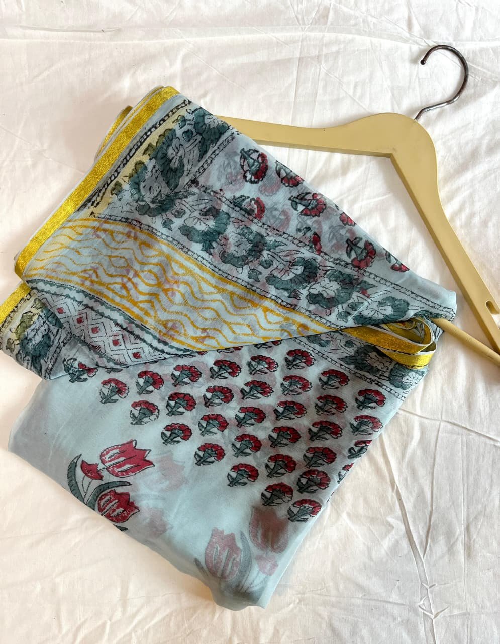 Ash Grey Hand Block Print Chiffon Saree – Bagru