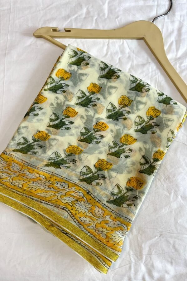 Peach Yellow Chiffon Saree – Bagru Hand Block Print