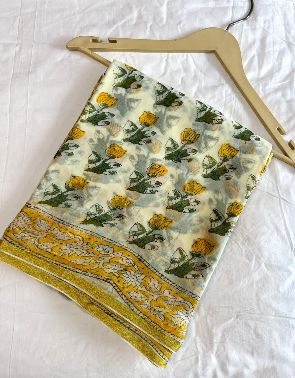Peach Yellow Chiffon Saree – Bagru Hand Block Print