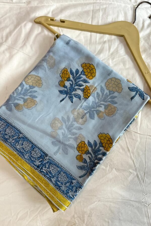Rock Blue Bagru Print Chiffon Saree – Hand Block