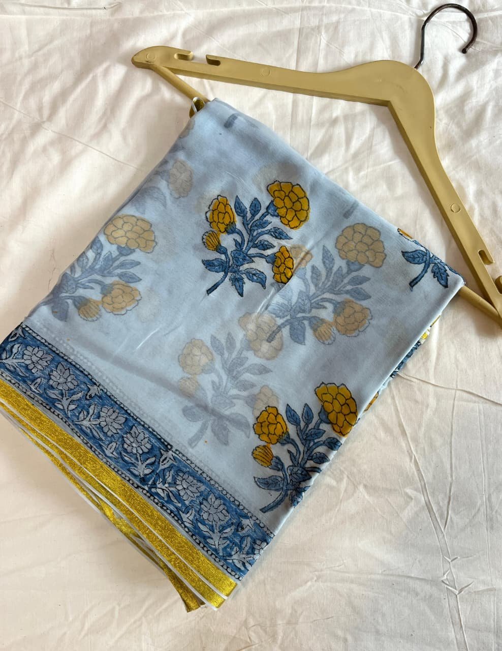 Rock Blue Bagru Print Chiffon Saree – Hand Block