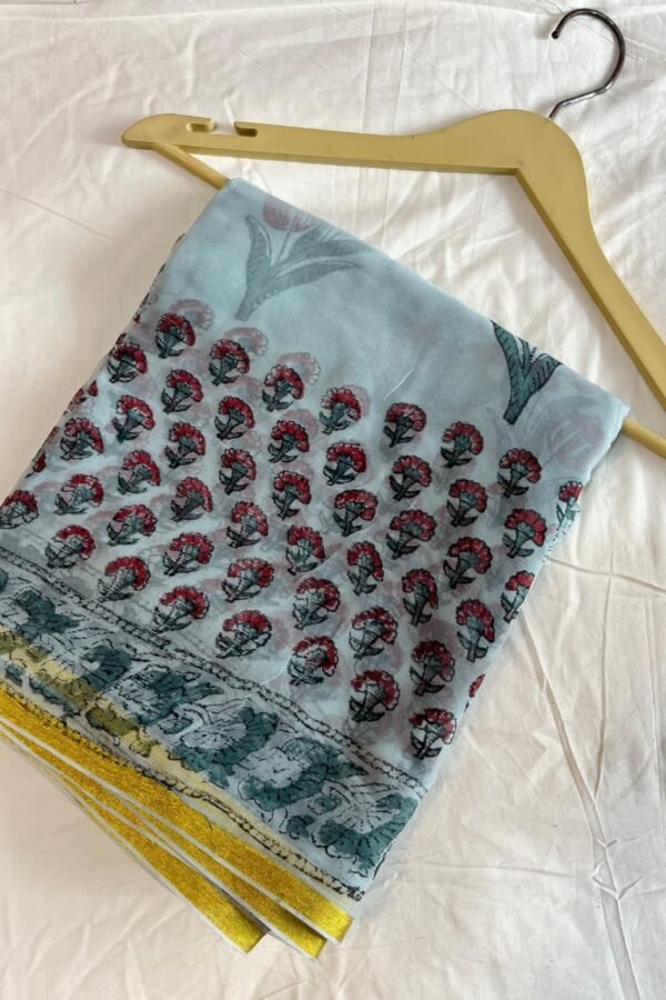 Bluish Cyan Chiffon Saree Bagru Block Printed