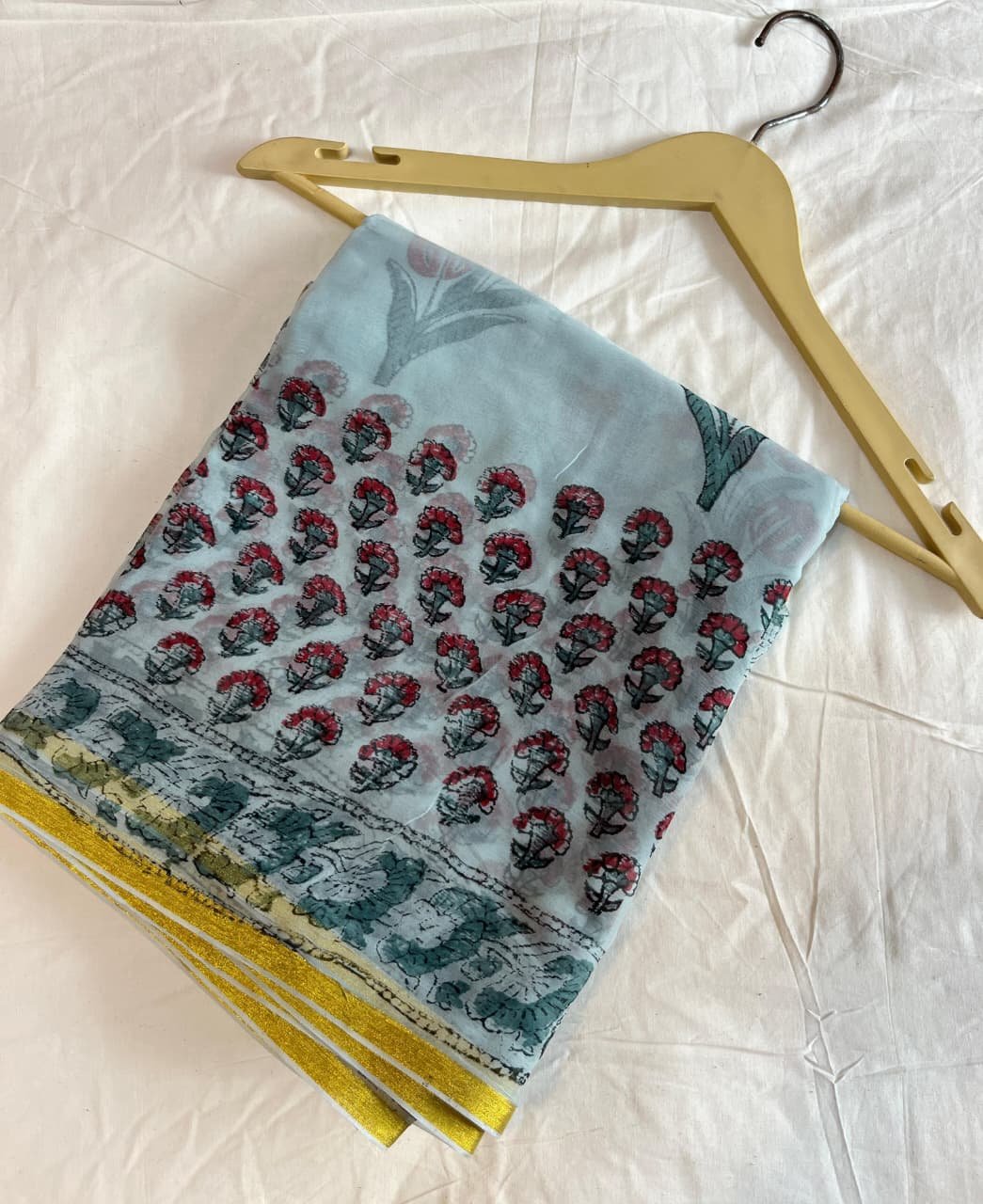 Bluish Cyan Chiffon Saree Bagru Block Printed
