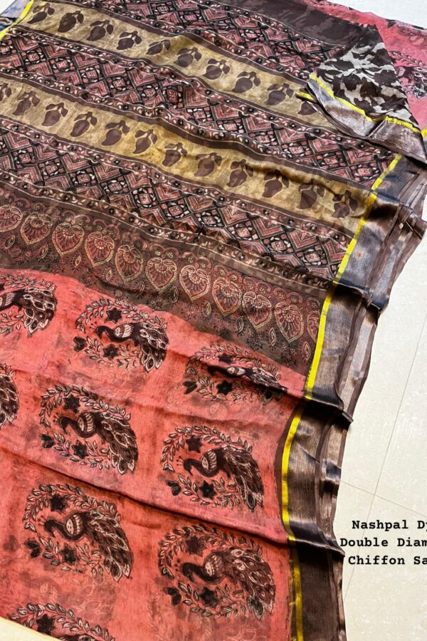 Pale Red Chiffon Saree Bagru Hand Block printed