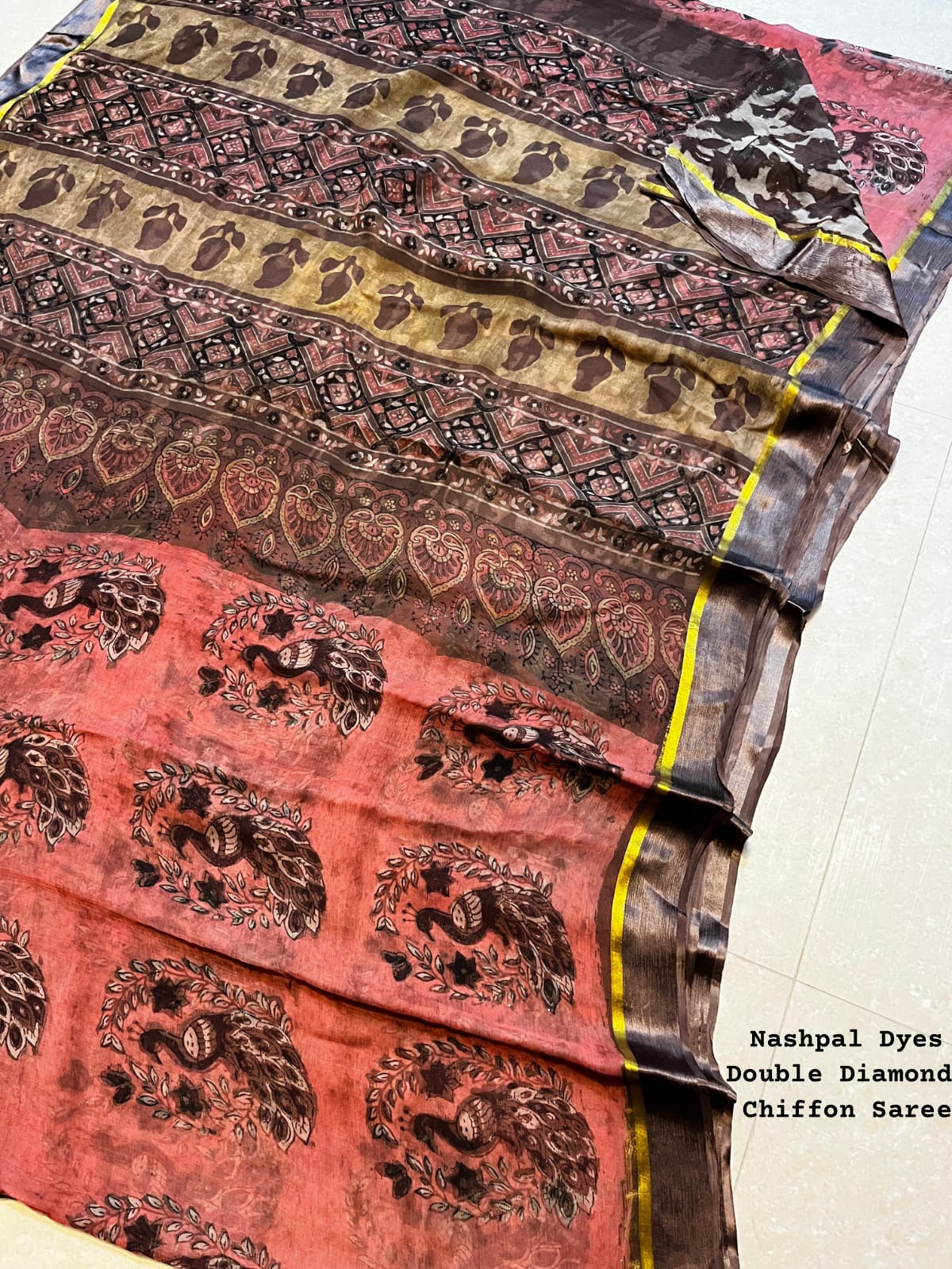 Pale Red Chiffon Saree Bagru Hand Block printed