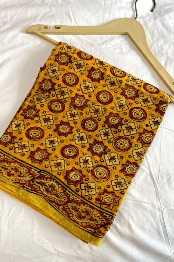 Pirate Gold Chiffon Saree Bagru hand Block Printed