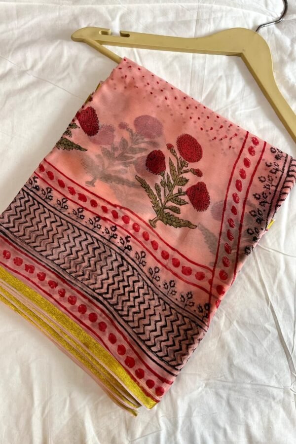 Dark Peach Chiffon Saree - Bagru Printed