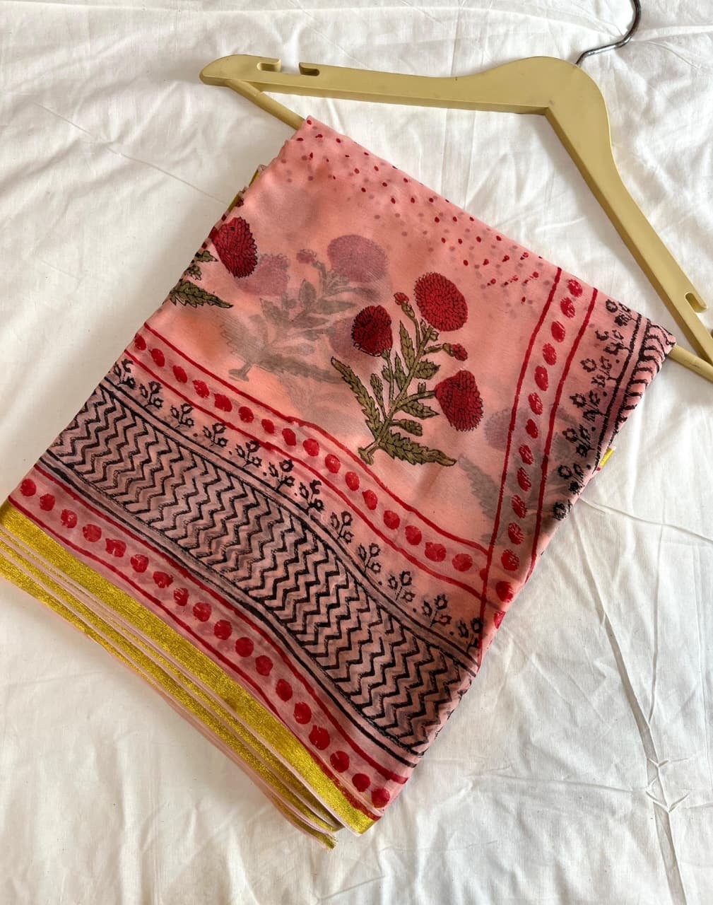 Dark Peach Chiffon Saree - Bagru Printed