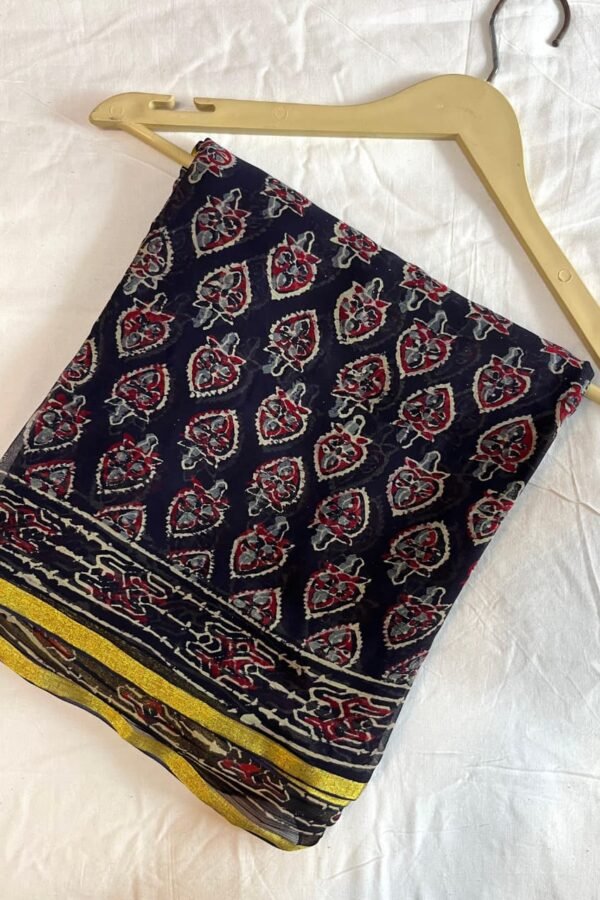 Purply Blue Chiffon Saree Bagru Hand block Printed