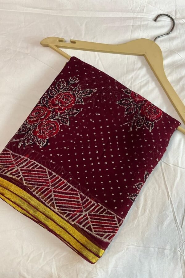 Dark Maroon Chiffon Saree Bagru Printed