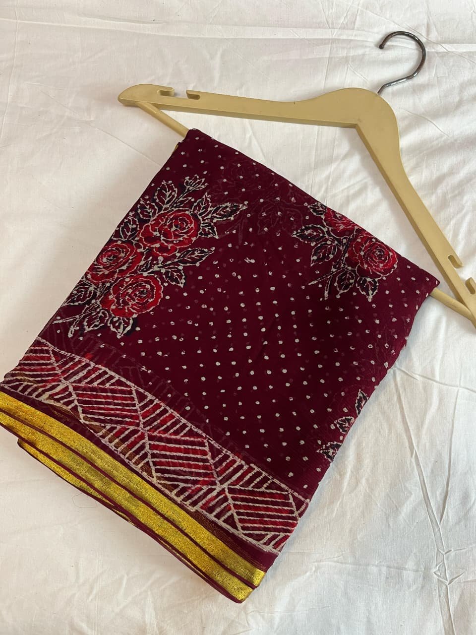 Dark Maroon Chiffon Saree Bagru Printed