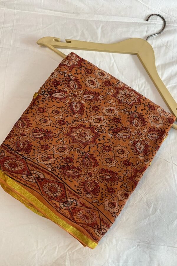 Brown Rust Chiffon Saree Bagru Block Printed