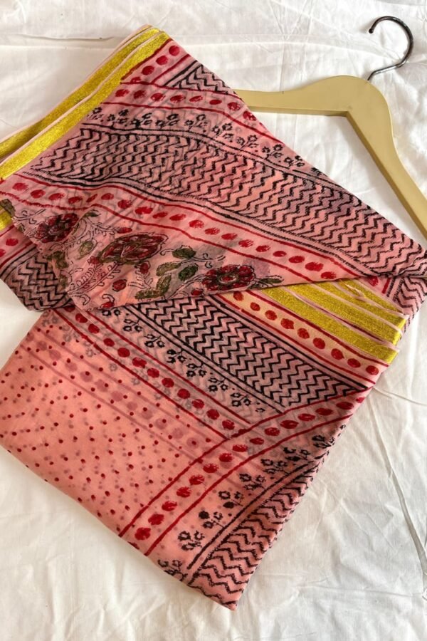 Coral Pink Chiffon Saree Bagru Hand Block Printed