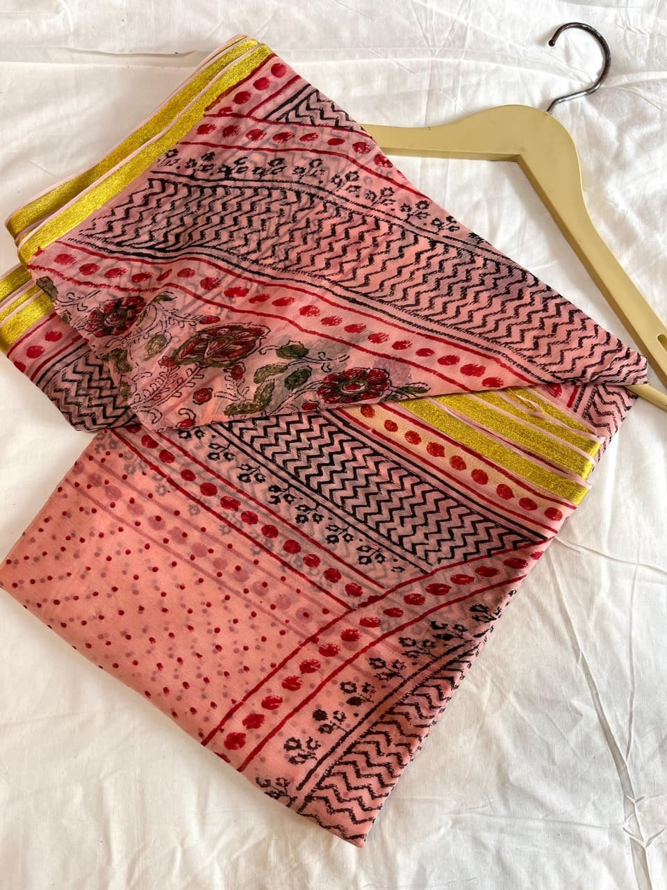 Coral Pink Chiffon Saree Bagru Hand Block Printed