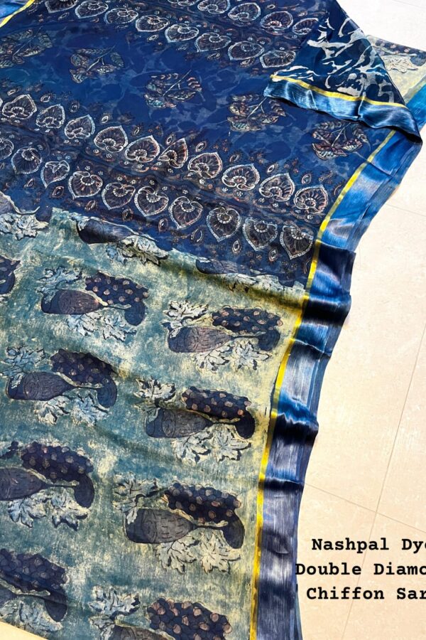 Slate Blue Chiffon Saree with Peacoke Motif Nashpal Print