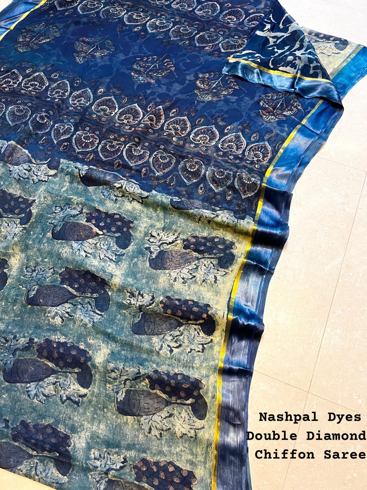 Slate Blue Chiffon Saree with Peacoke Motif Nashpal Print