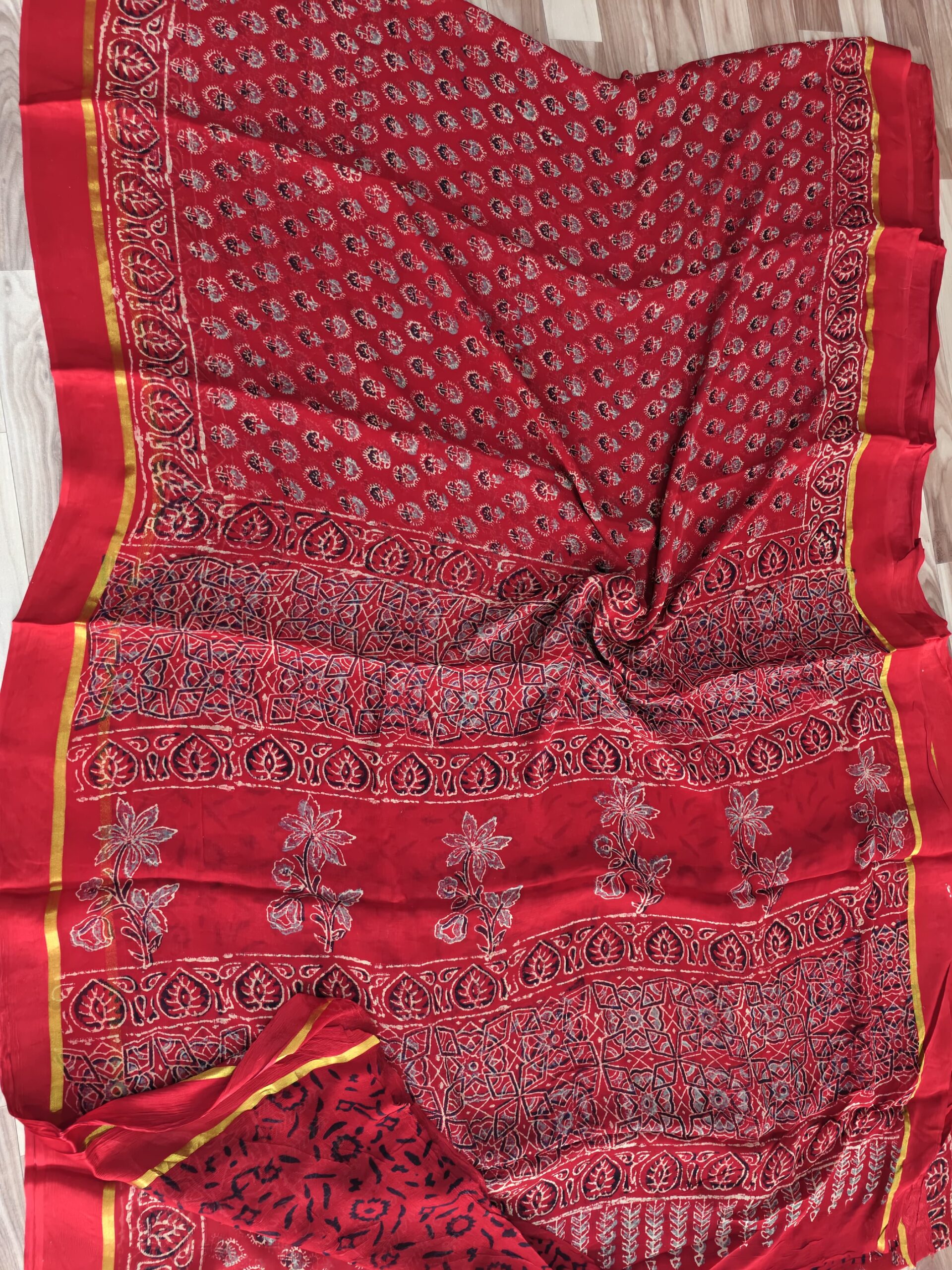 Bright Gold Block Printed Chiffon Saree