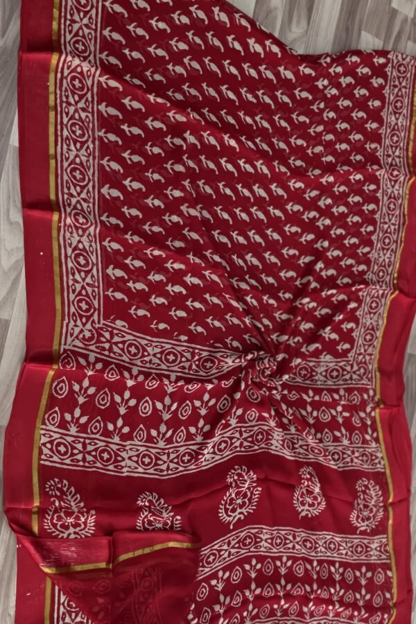 Falu Red Bagru Block Made Chiffon Saree – Hand Block Print