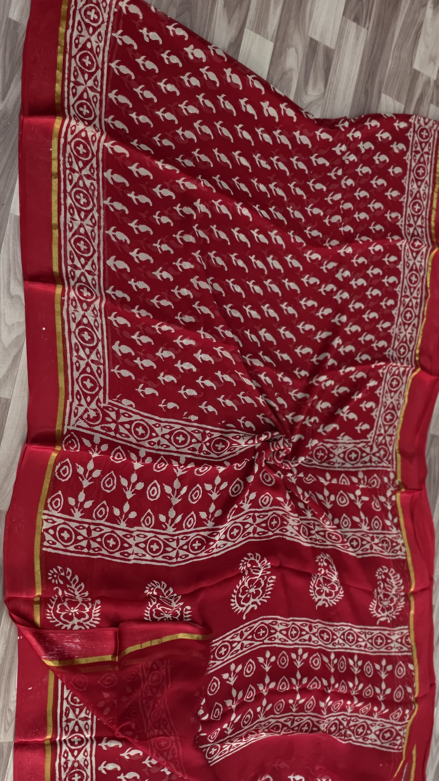 Falu Red Bagru Block Made Chiffon Saree – Hand Block Print