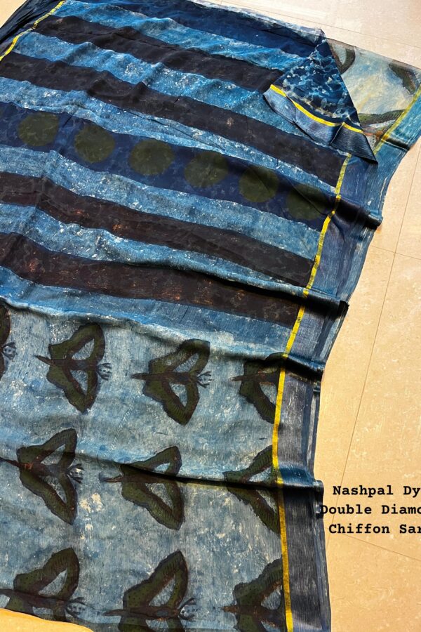 Bluish Grey Chiffon Saree Nashpal Print - Bagru Block
