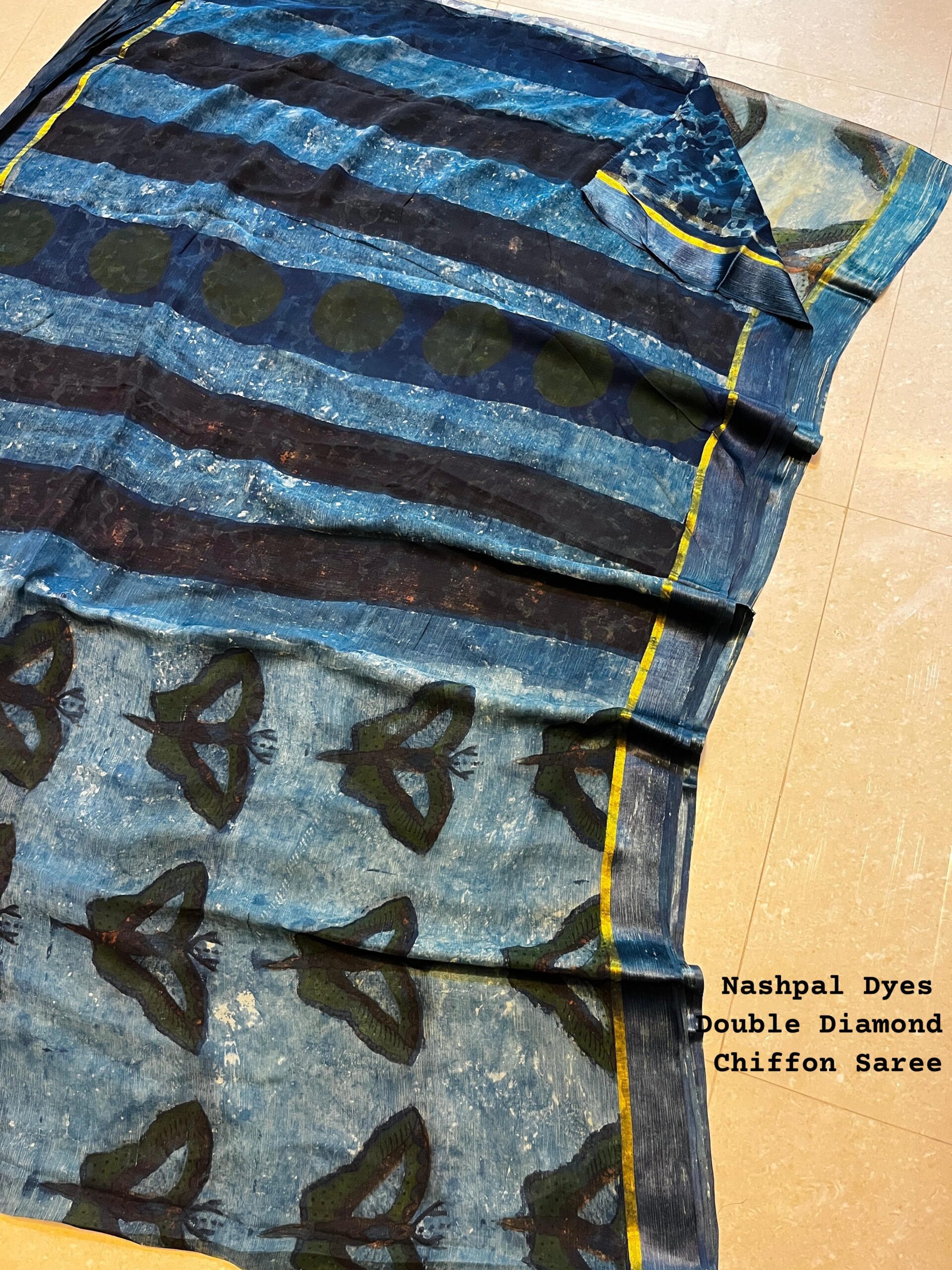 Bluish Grey Chiffon Saree Nashpal Print - Bagru Block