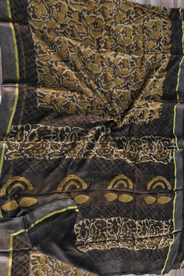 Dirt Brown Artisan Bagru Print Chiffon Saree