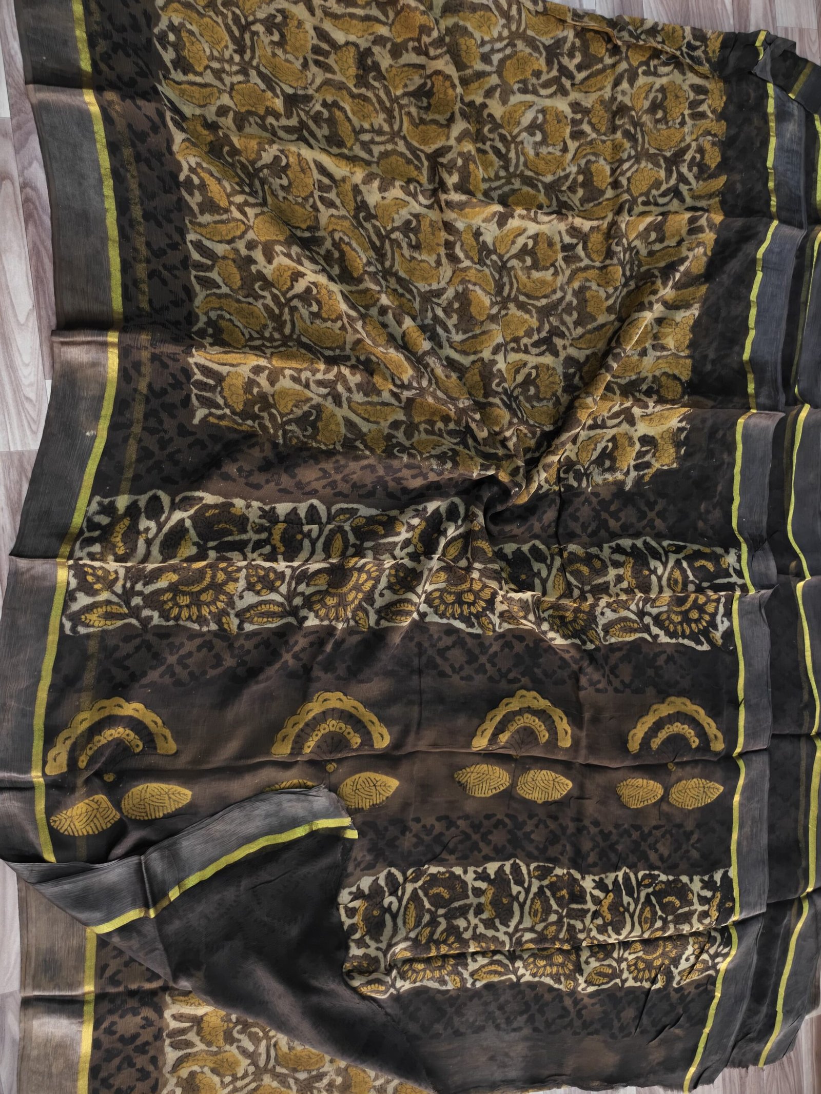 Dirt Brown Artisan Bagru Print Chiffon Saree