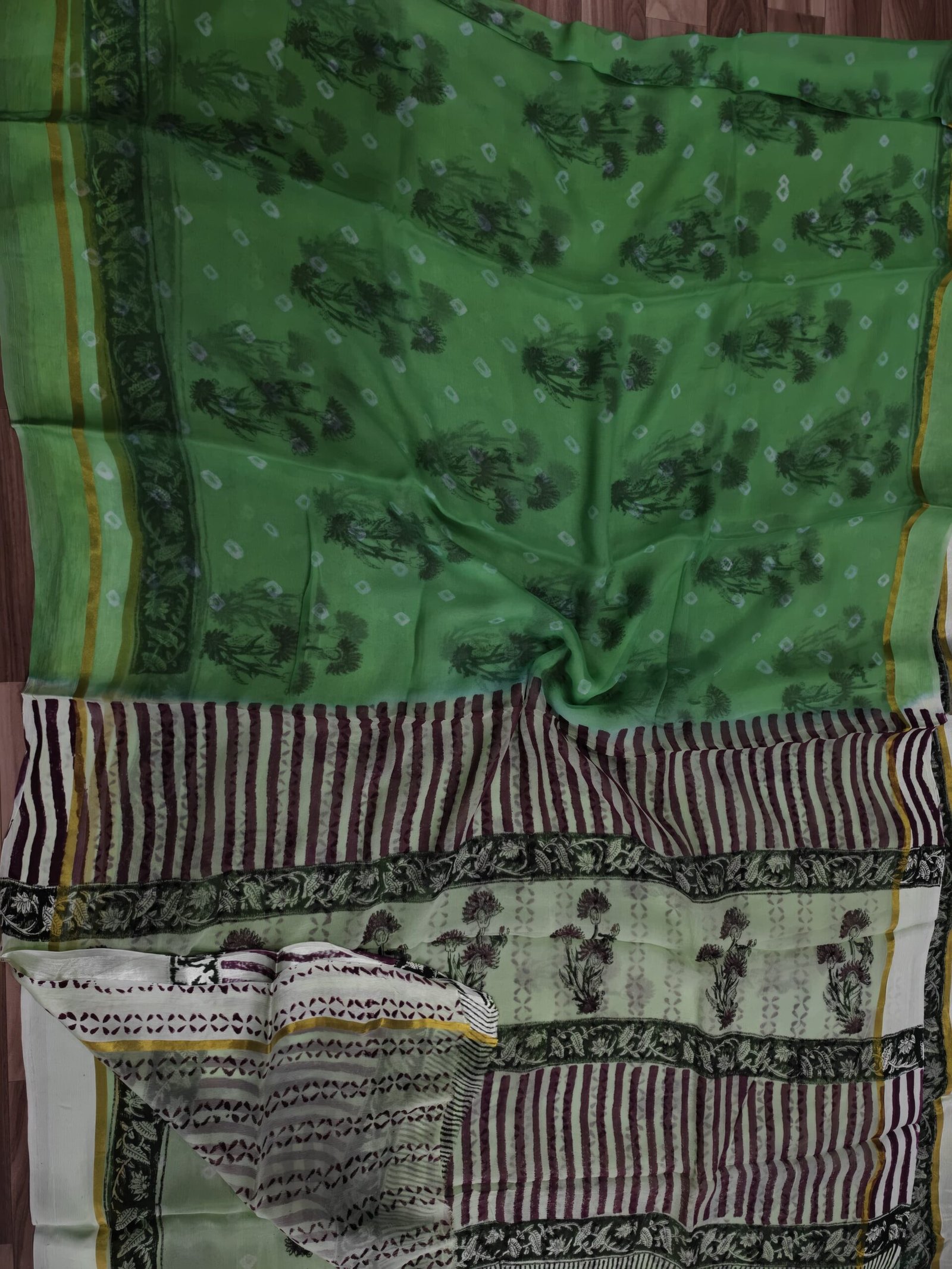 Forest Green Bagru Crafted Chiffon Saree – Block Print