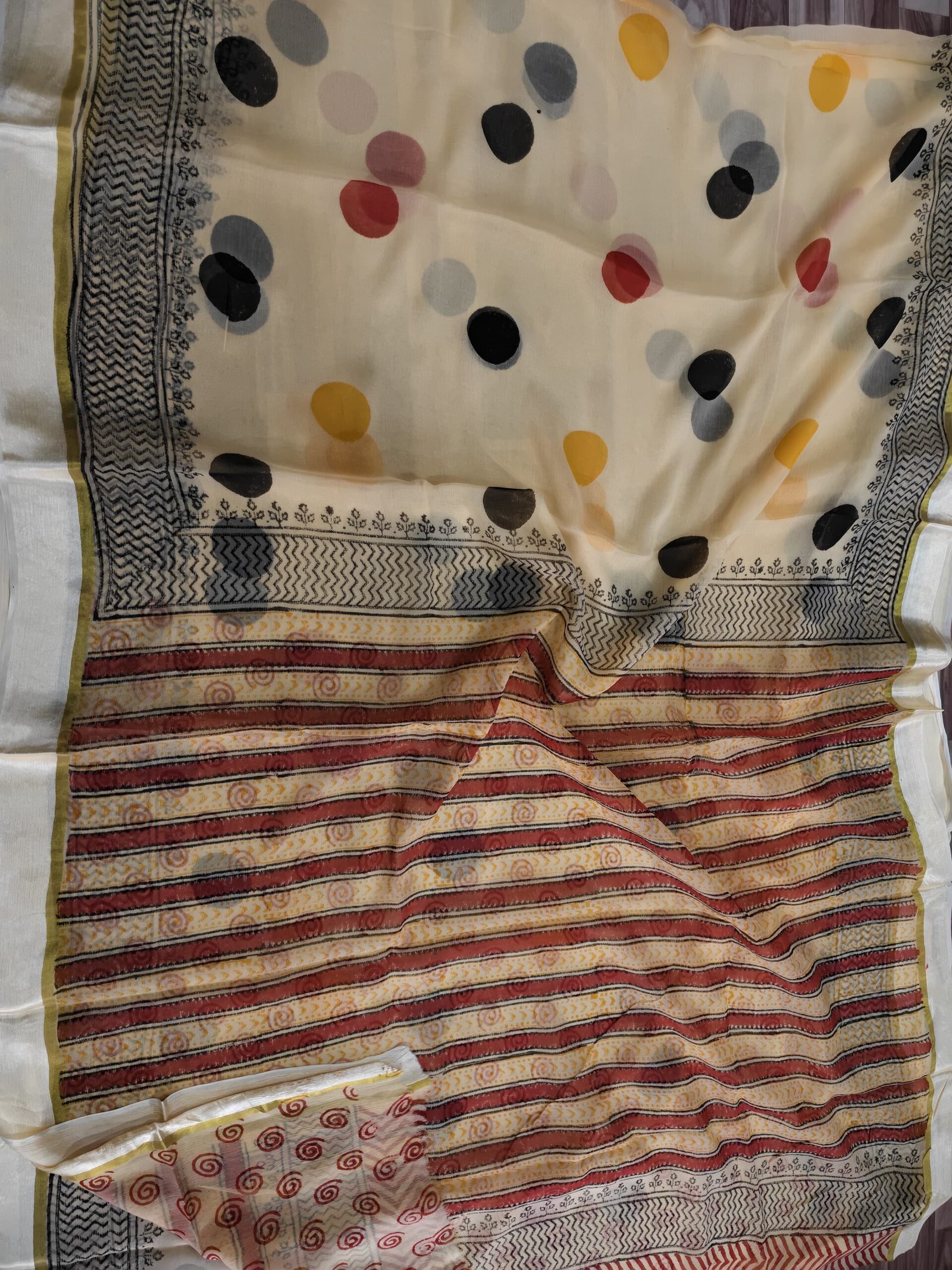 Grey Olive Chiffon Saree – Hand Block Bagru Print