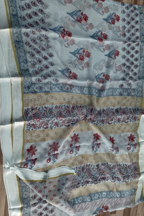 Cool Grey Chiffon Saree – Block Printed in Bagru