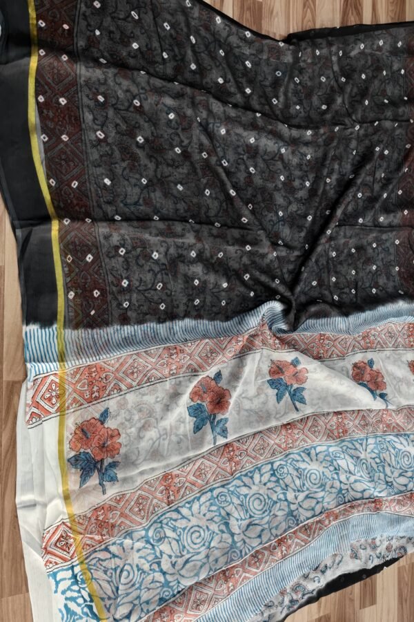Black Bandhani Hand Block Bagru Chiffon Saree