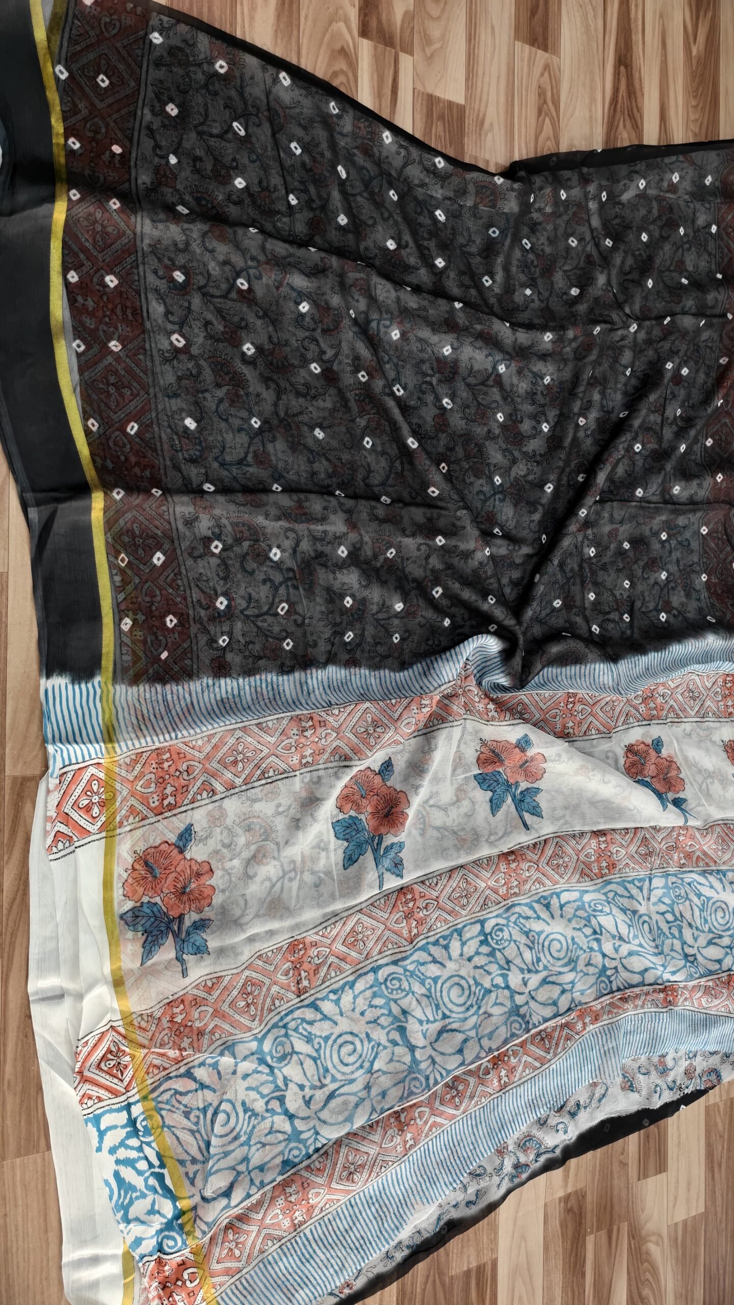 Black Bandhani Hand Block Bagru Chiffon Saree