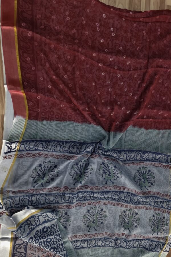 Maroon Bandhani Hand Block Bagru Chiffon Saree