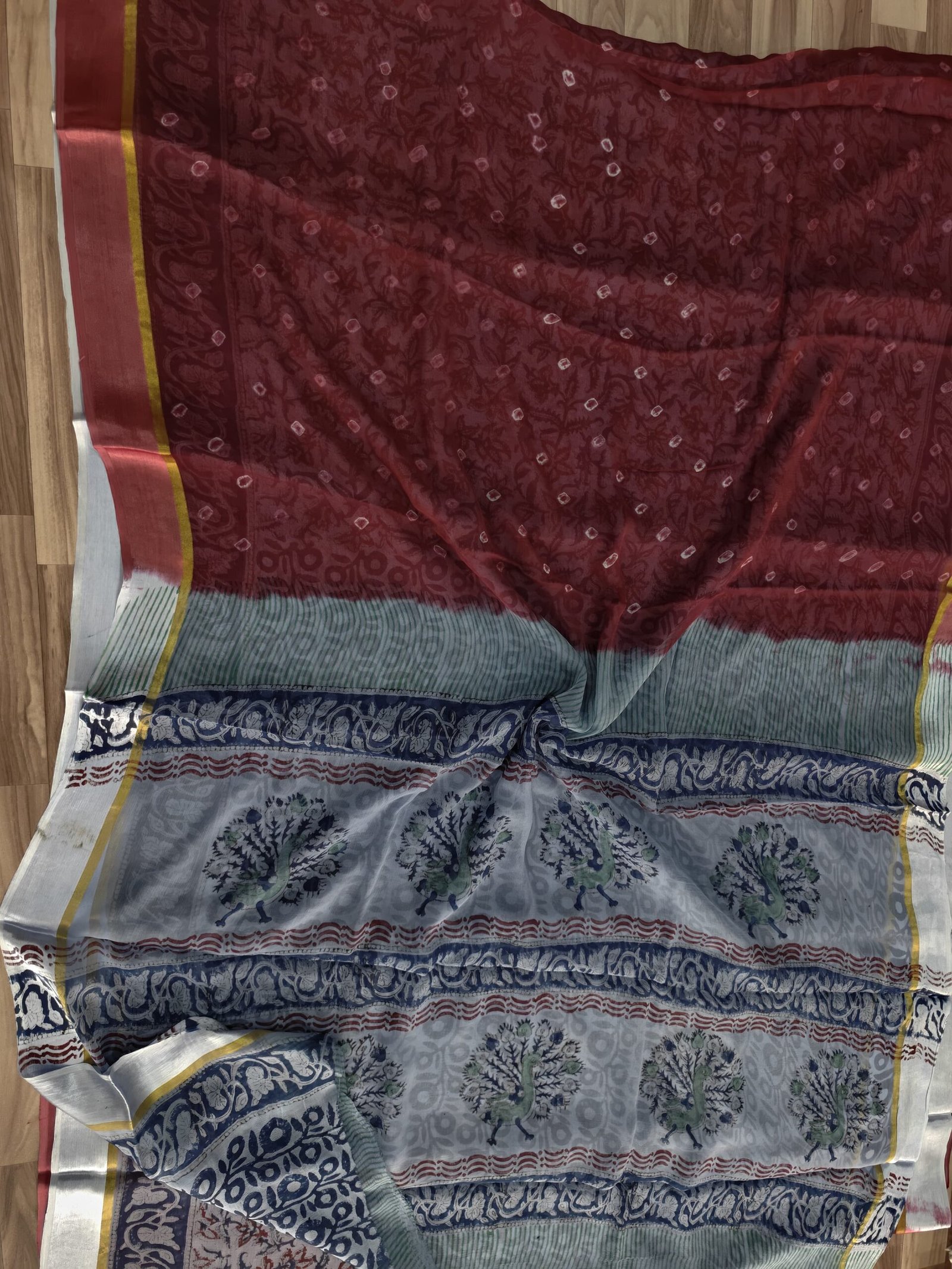 Maroon Bandhani Hand Block Bagru Chiffon Saree