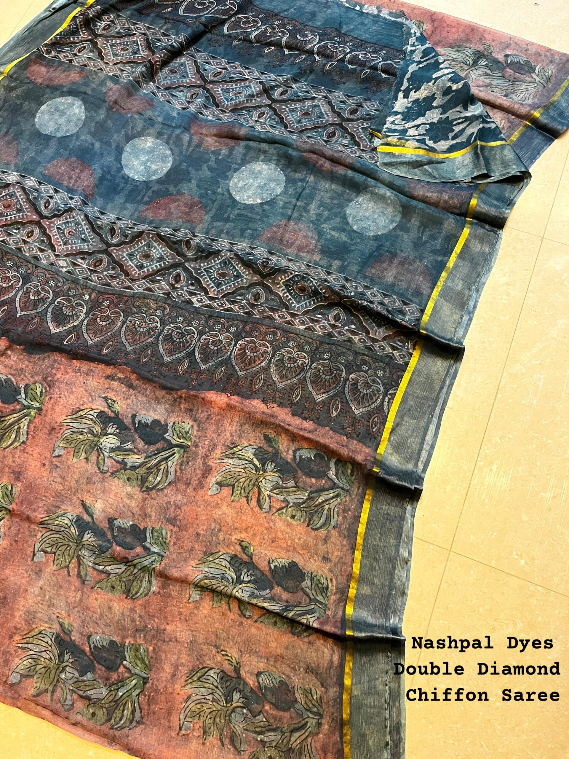 Orange Salmon Chiffon Saree Nashpal Dye - Bagru Made