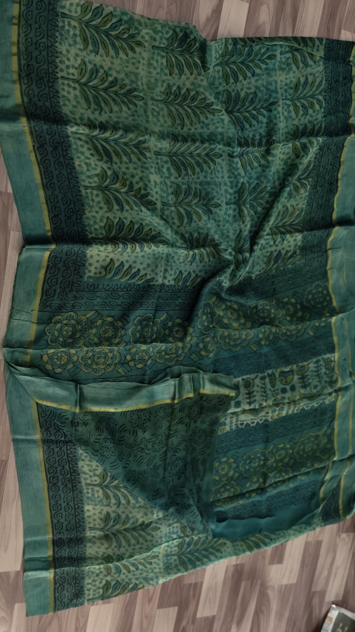 Gable Green Handcrafted Bagru Print Chiffon Saree