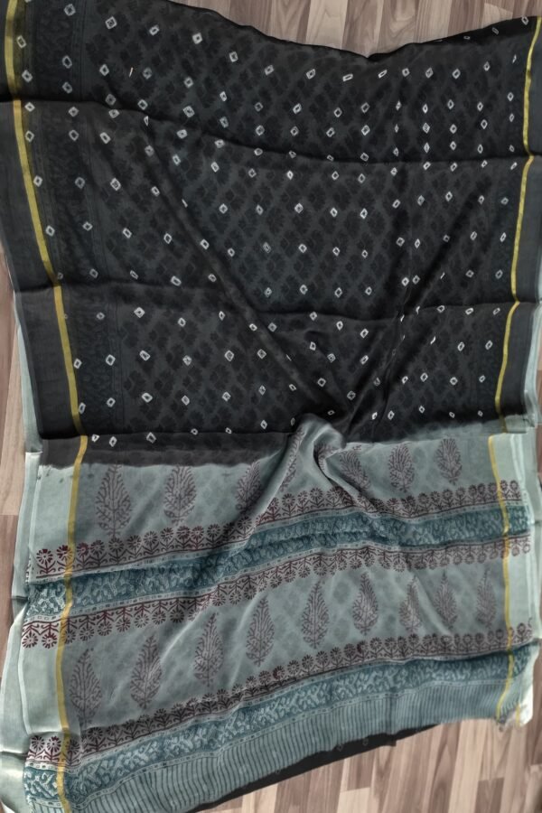 Tealish Blue Bagru Hand Block Chiffon Saree – Traditional Print