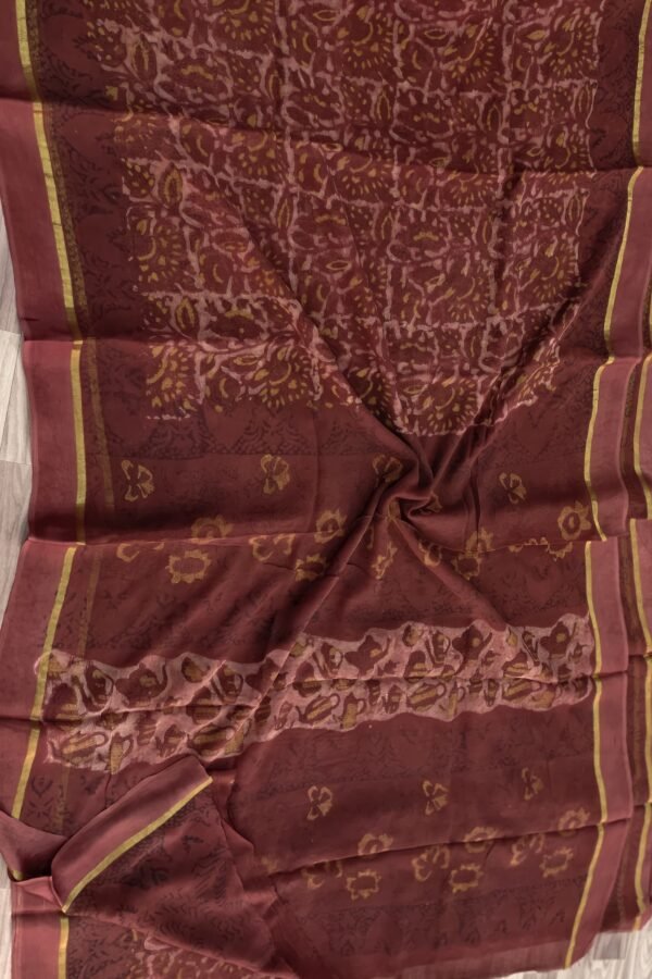 Wine Berry Hand Block Printed Chiffon Saree – Bagru Made