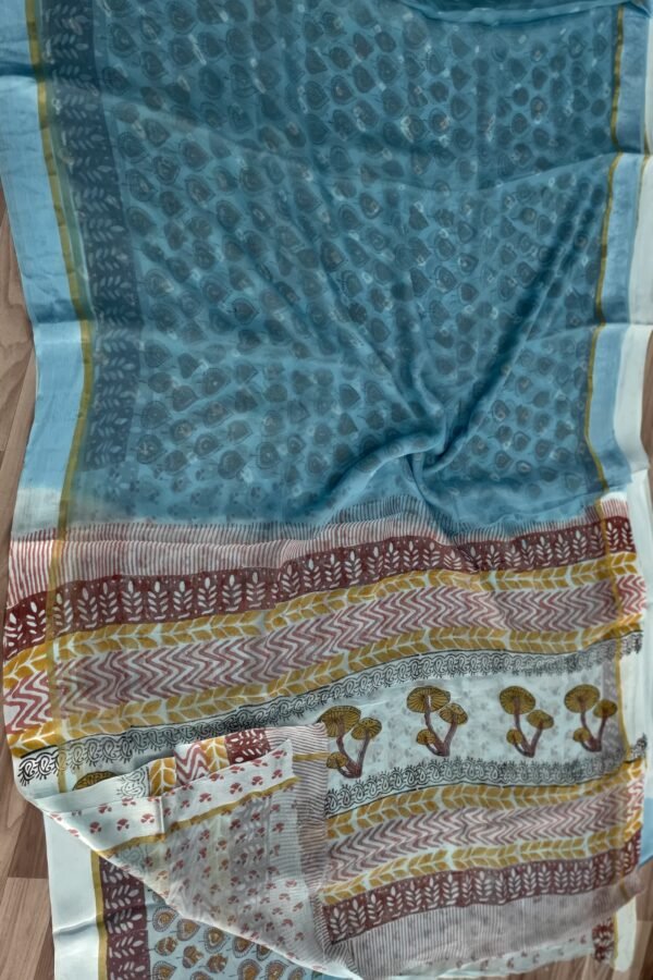 Smalt Blue Block Printed Chiffon Saree – Bagru Style