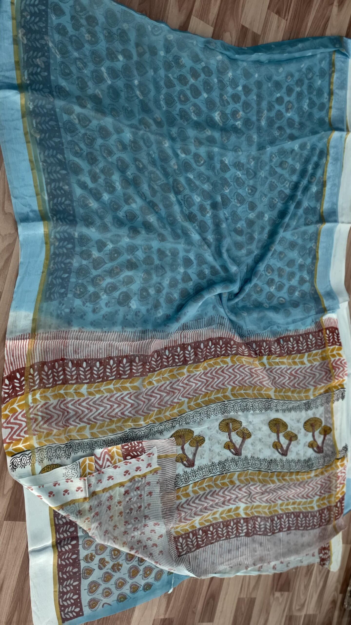 Smalt Blue Block Printed Chiffon Saree – Bagru Style