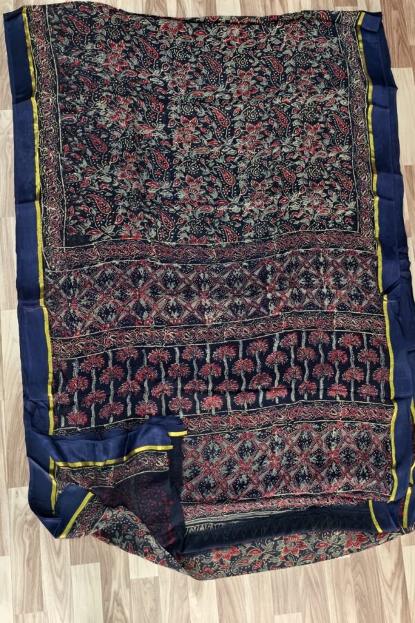 Tealish Blue Bagru Hand Printed Chiffon Saree