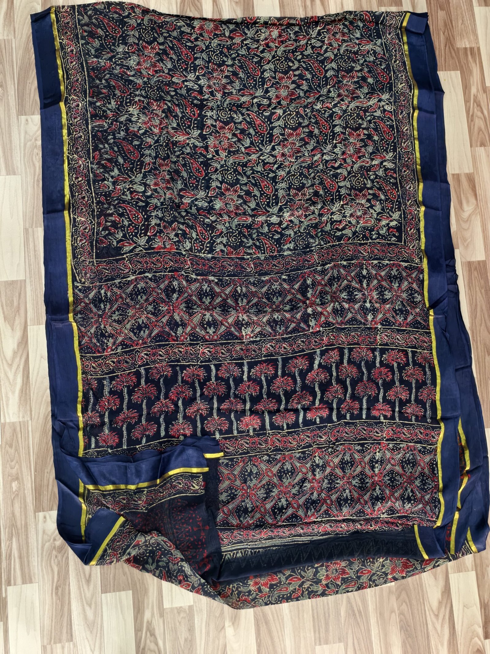 Tealish Blue Bagru Hand Printed Chiffon Saree