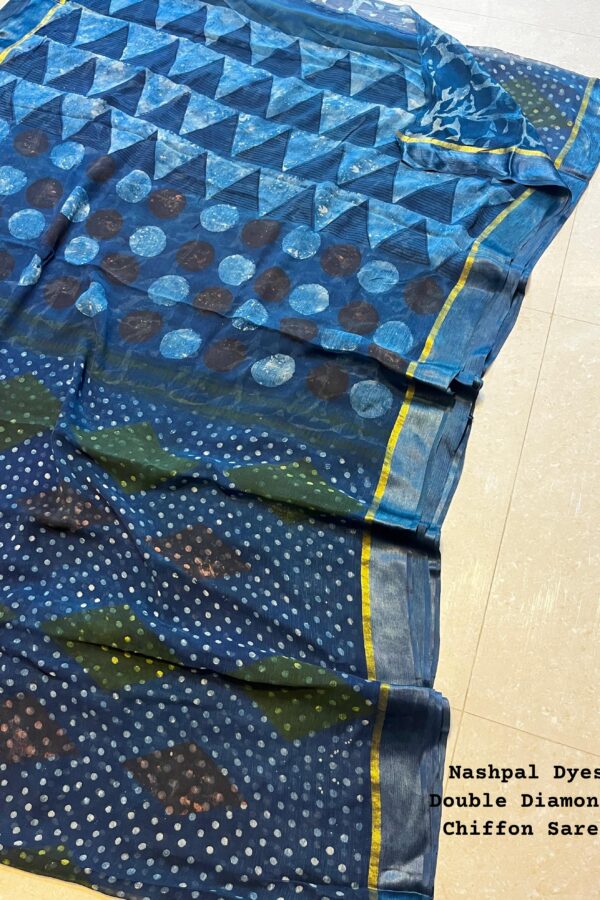 Nile Blue Chiffon Saree Nashpal Dye - Bagru Print