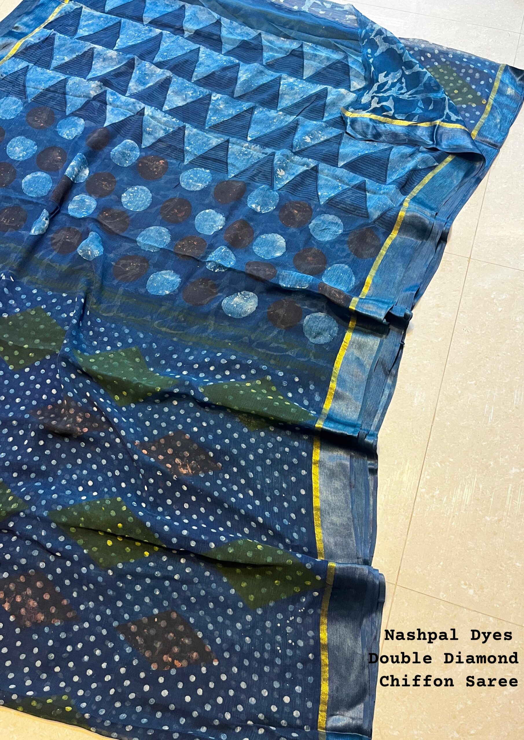 Nile Blue Chiffon Saree Nashpal Dye - Bagru Print