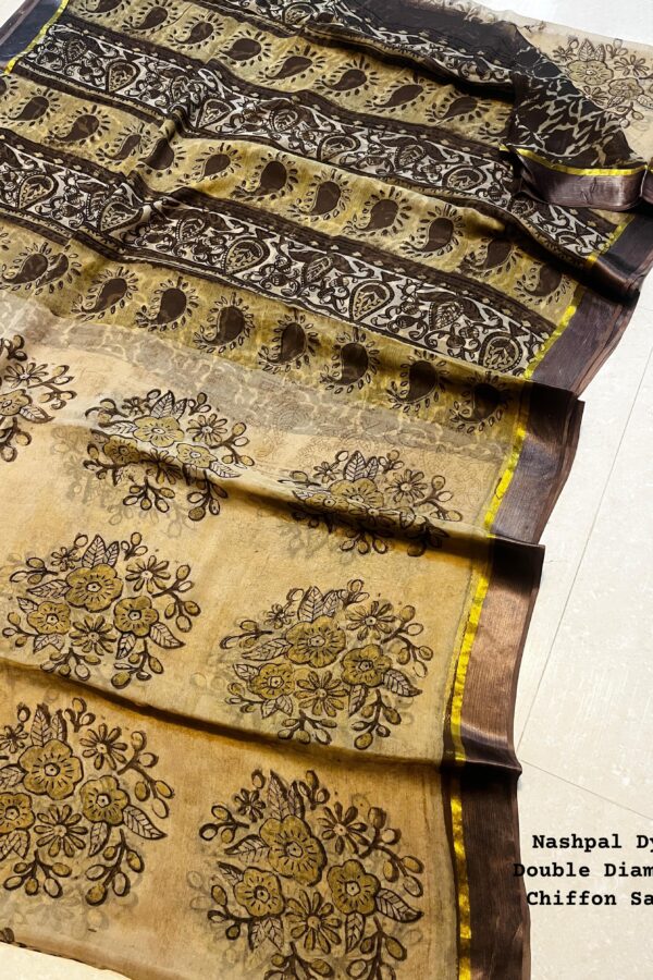 Harvest Gold Chiffon Saree Nashpal Print - Bagru Made