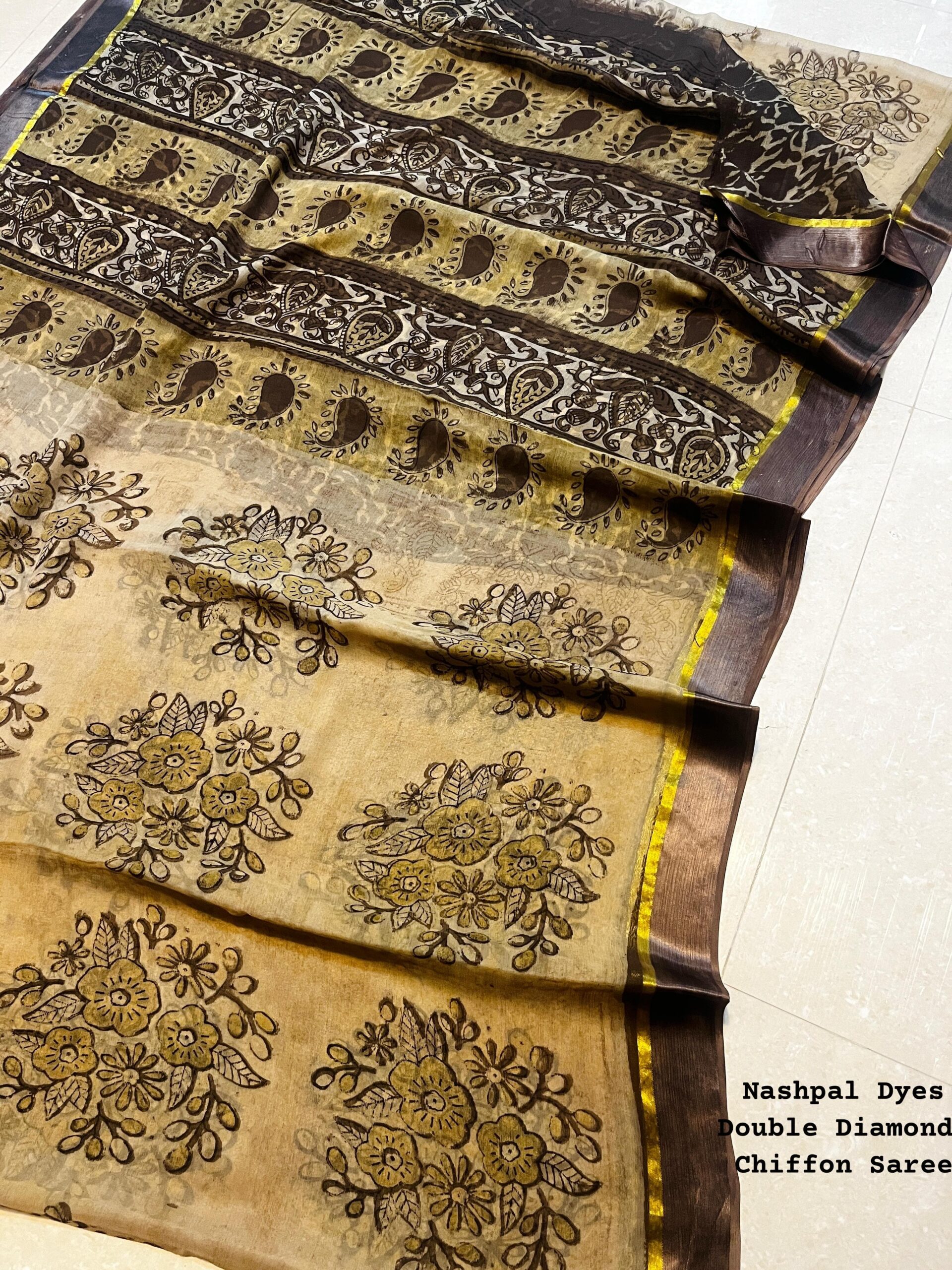 Harvest Gold Chiffon Saree Nashpal Print - Bagru Made
