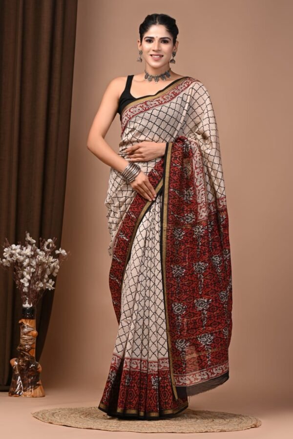 Cream Chanderi silk saree with black jaali print and rust-red floral hand block printed border and pallu