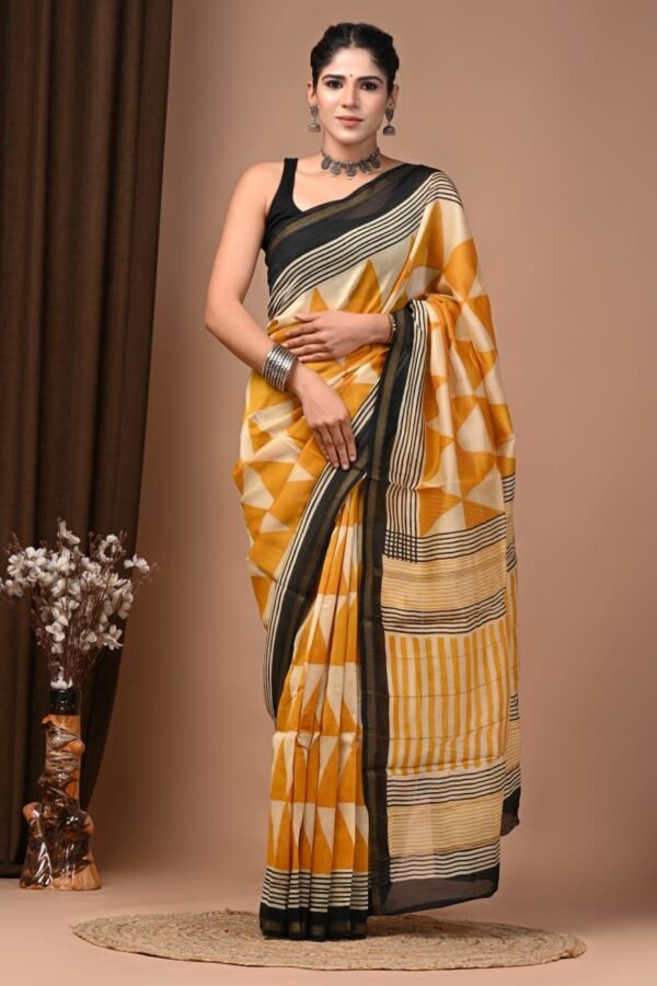 Mustard and cream Chanderi silk saree with Bagru triangle print and black striped border