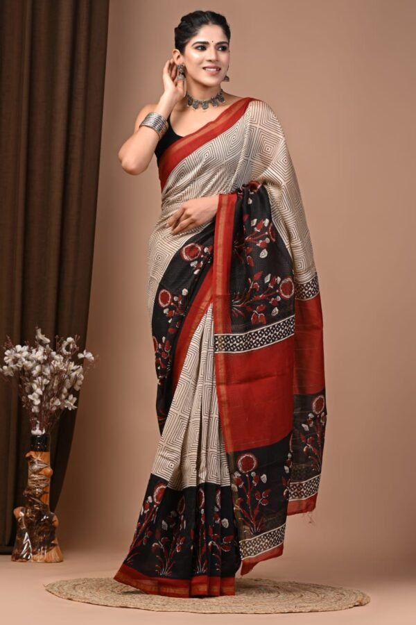 Cream and black Chanderi silk saree with Bagru hand block floral medallion print and rust-red border