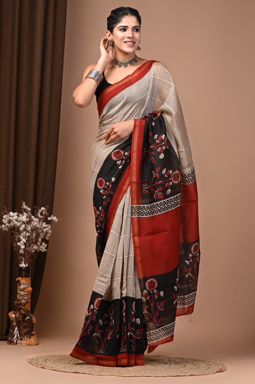Cream and black Chanderi silk saree with Bagru hand block floral medallion print and rust-red border